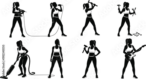 Set of Active Woman Silhouettes Performing Diverse Activities Including Singing Playing Guitar Cleaning and Using Tools for Multitasking Modern Lifestyle Concepts