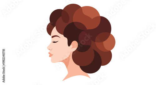 Profile portrait of a young woman with stylized curly brown hair.