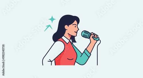 Illustration of a young woman speaking into a microphone.