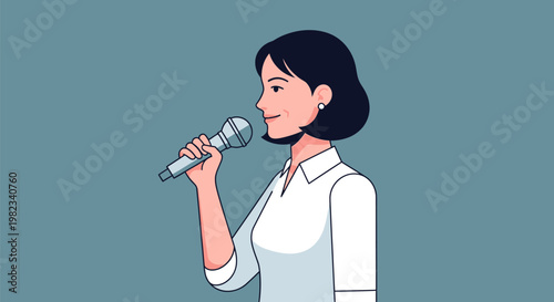 Professional woman speaking into a handheld microphone in profile view.