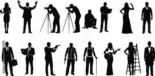 Set of black people silhouettes featuring business professionals photographers musicians and various casual poses isolated on white background for vector design