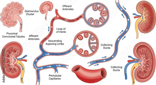 Nephron structure and kidney anatomy vector illustration featuring glomerulus loop of Henle collecting duct and renal filtration system in detailed medical diagram