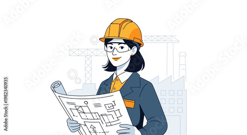 Professional female engineer holding construction blueprints wearing a yellow hard hat.