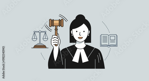 Illustration of a female judge holding a wooden gavel with legal symbols.