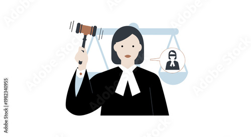 A female judge holding a wooden gavel with a scale of justice behind her.