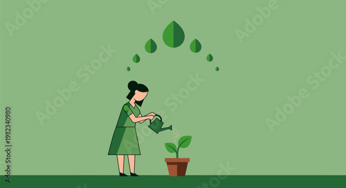 A woman watering a small green plant in a pot.