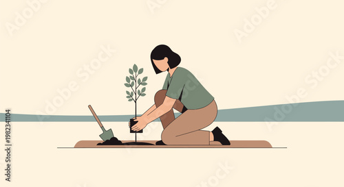 A young woman kneeling on the ground planting a small tree seedling.