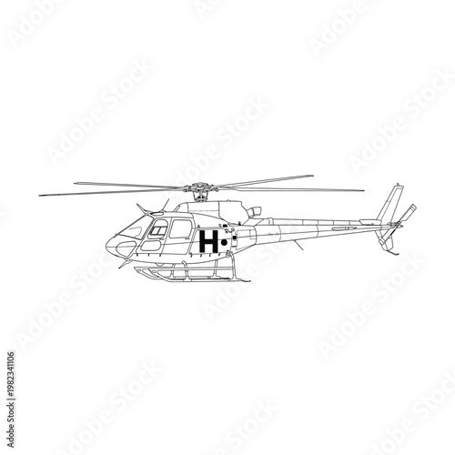 Detailed technical drawing of a helicopter with rotor blades and tail