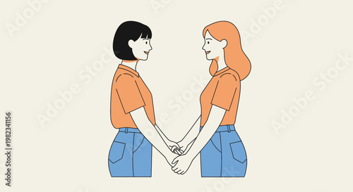 Two young women standing face to face holding hands in a supportive friendship gesture.