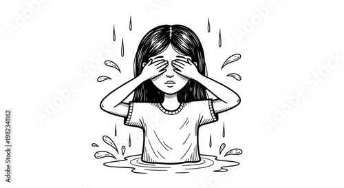 Woman covering face in rainy weather.