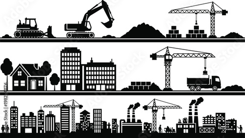 Set of black silhouettes featuring heavy construction machinery urban building sites and industrial factory skylines isolated on white background vector