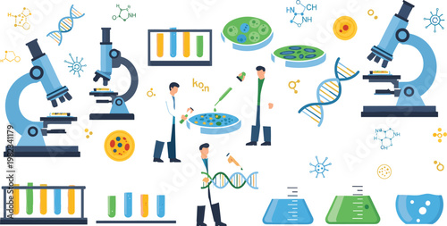Laboratory research and biotechnology vector illustration set featuring scientists microscopes DNA experiments test tubes and chemical analysis in modern flat design