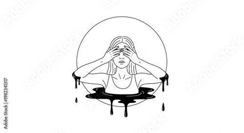 woman covering face with hands in black and white.