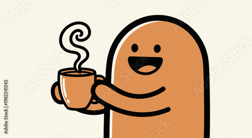A cheerful cartoon character holding coffee.
