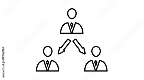 Business leadership and delegation vector icon illustration featuring a hierarchical team structure with a manager directing two subordinates using arrows, minimalist black line art symbol.