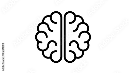 Human Brain Vector Icon Illustration, Minimalist Black Line Art Symbol Representing Intelligence, Mind, Psychology, Mental Health, Science, Neurology, and Creative Thinking on White Background.