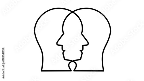 Minimalist black line art vector illustration of two overlapping human head profiles facing opposite directions, symbolizing psychology, empathy, mental health, and shared consciousness.