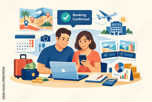 Couple planning a vacation using laptop and phone with booking confirmed