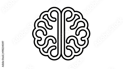 Minimalist black vector icon of a human brain with symmetrical line art design, representing intelligence, mind, psychology, neurology, thinking, creativity, and mental health illustration.