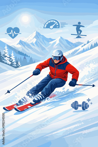 Active skier enjoying a sunny day on a snow-covered mountain slope