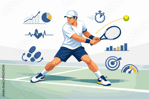 Tennis player in action with performance analytics icons surrounding him