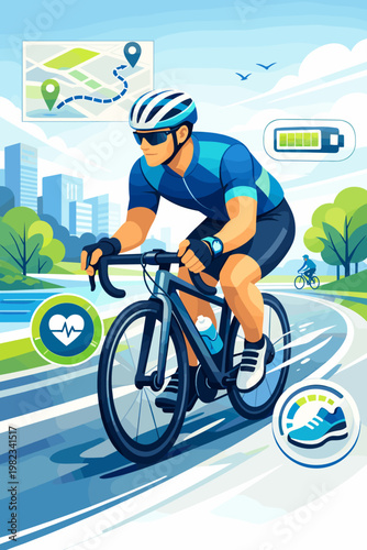 Cyclist tracking fitness data on a scenic urban bike path