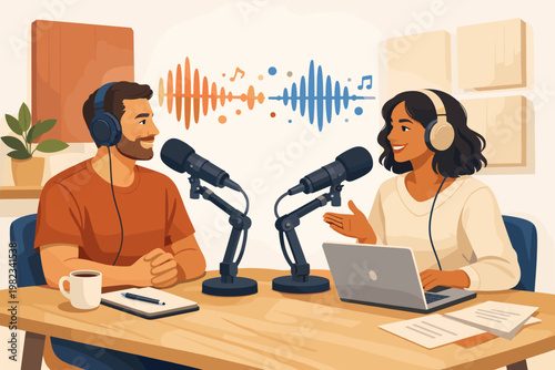 Diverse podcast hosts recording audio with microphones and waveform visualization