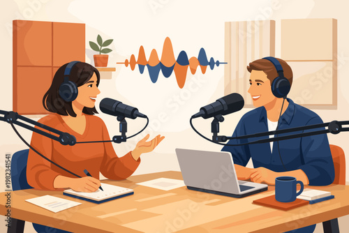 Two people recording a podcast together with microphones and laptops