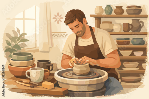 Artist skillfully shapes clay on a pottery wheel in a bright studio setting