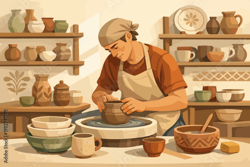 Potter skillfully shaping clay on a wheel surrounded by finished ceramic works