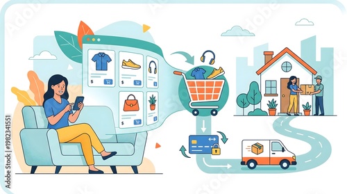 Online shopping concept showcasing ease of purchases with home delivery. Woman using the phone and the other one receive the purchase from deliveryman.