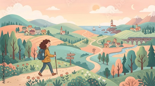 A person walking on a path in the countryside, mountains, lighthouse and sea