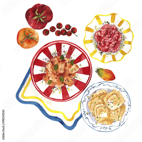 Watercolor hand draw Italy food composition with sea fresh crab, omar, shrimp, ouster, lemon and tomato, isolated on white background