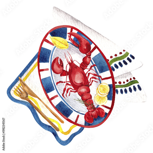Watercolor hand draw Italy food composition with sea fresh crab, omar, shrimp, ouster, lemon and tomato, isolated on white background