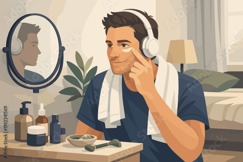 Man applying eye cream while listening to music, modern self-care routine