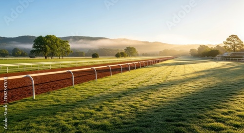 Racecourse at sunrise with green grass and a clear sky for sports competition