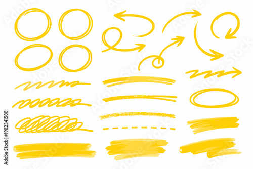 Collection of yellow hand-drawn highlighter marks and arrows on white background