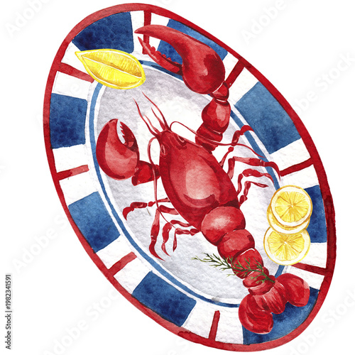 Watercolor hand draw Italy food composition with sea fresh crab, omar, shrimp, ouster, lemon and tomato, isolated on white background