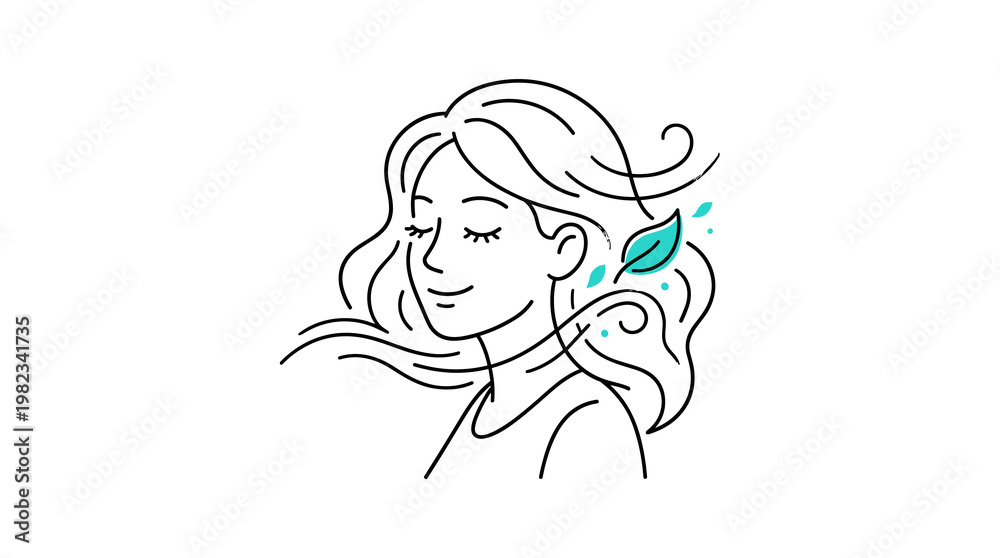 Fototapeta premium Serene woman with flowing hair and a leaf, embodying natural beauty and peace