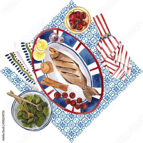 Watercolor hand draw Italy food composition with sea fresh crab, omar, shrimp, ouster, lemon and tomato, isolated on white background