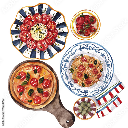 Watercolor hand draw Italy food composition with sea fresh crab, omar, shrimp, ouster, lemon and tomato, isolated on white background