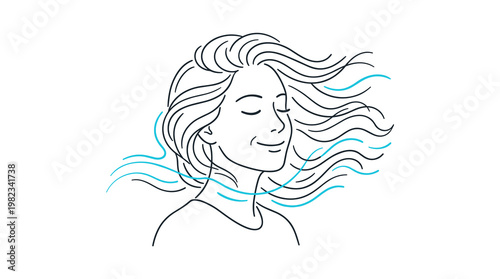 Serene woman with eyes closed, hair flowing gently in the breeze