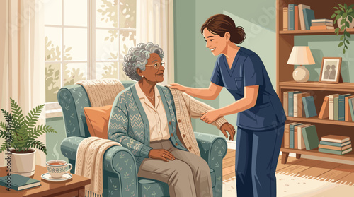 Caring nurse assists elderly woman with her sweater in a cozy living room setting