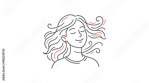 Serene woman with eyes closed enjoying a gentle breeze and her long flowing hair