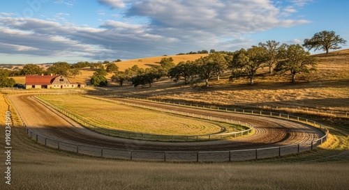Scenic view of a racetrack with building on a hill during a sunny day