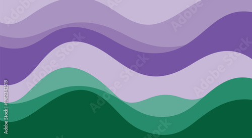 Abstract background with overlapping smooth wavy layers in shades of purple and green.