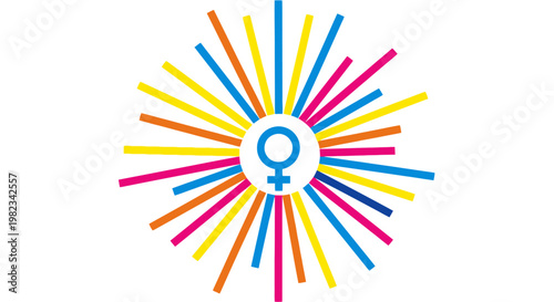 Female gender symbol centered on colorful sunburst radiating lines.