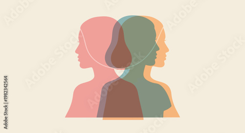 Abstract illustration of multiple layered human silhouettes representing psychological diversity.