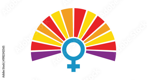 Female gender symbol centered in front of a colorful radiating semi-circle fan shape.