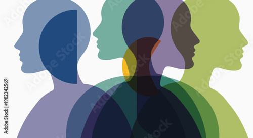 Abstract illustration of multiple overlapping human head silhouettes representing mental health and diversity.